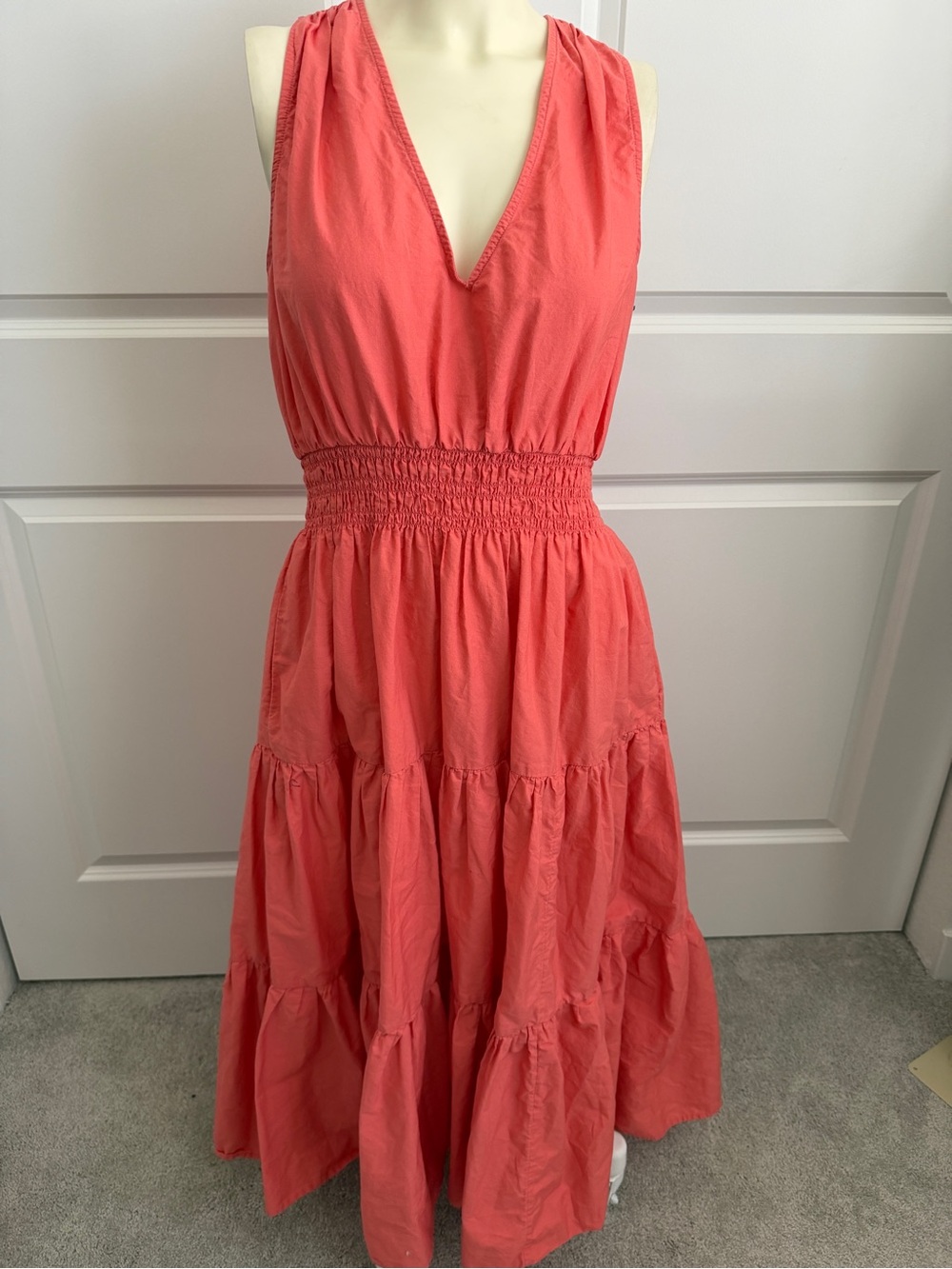 Anthropologie Maeve Coral Tiered Sleeveless Smocked Maxi Dress - 16